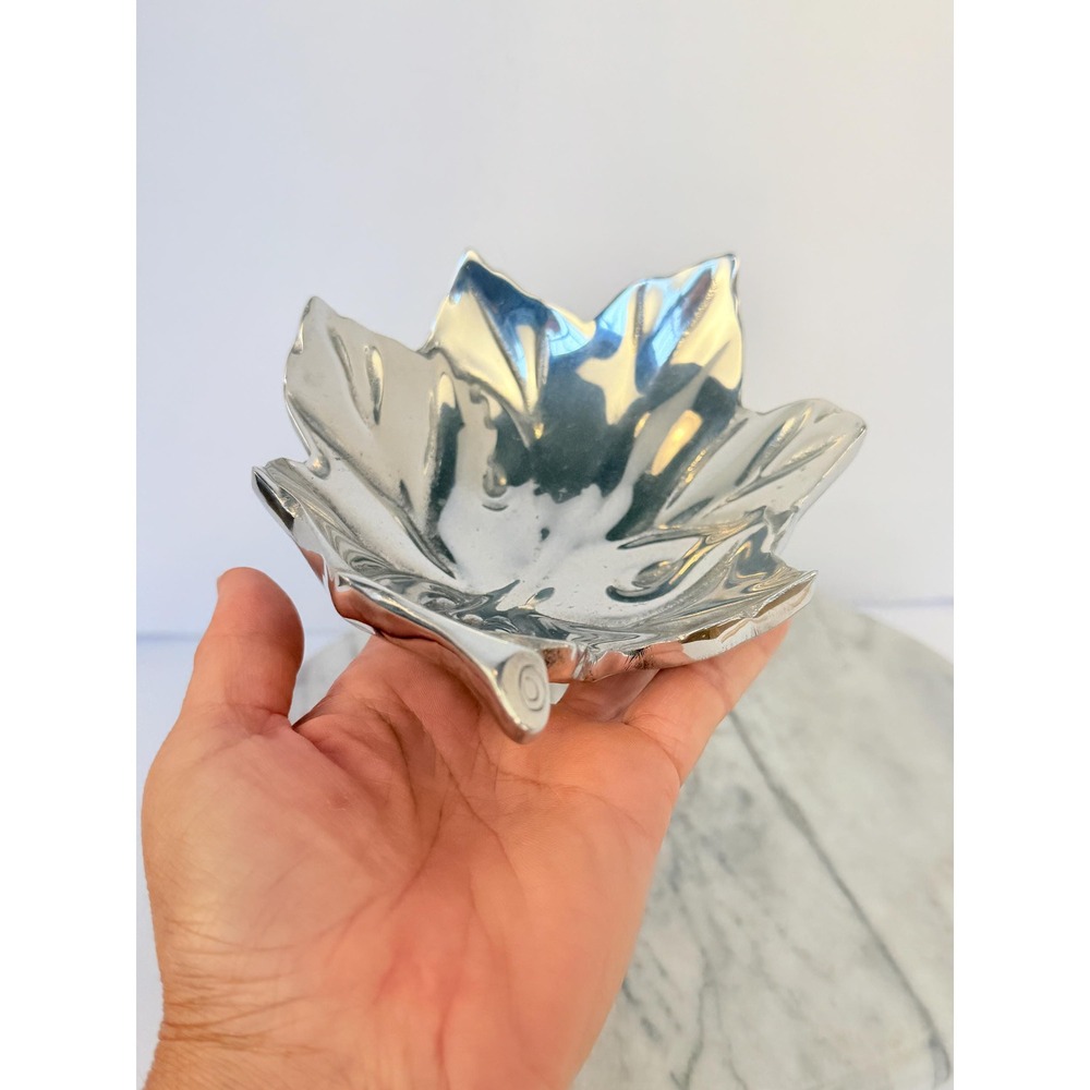 Holland Boone Polished Pewter Maple Leaf Dish, Shiny Silver Trinket Tray, MCM
